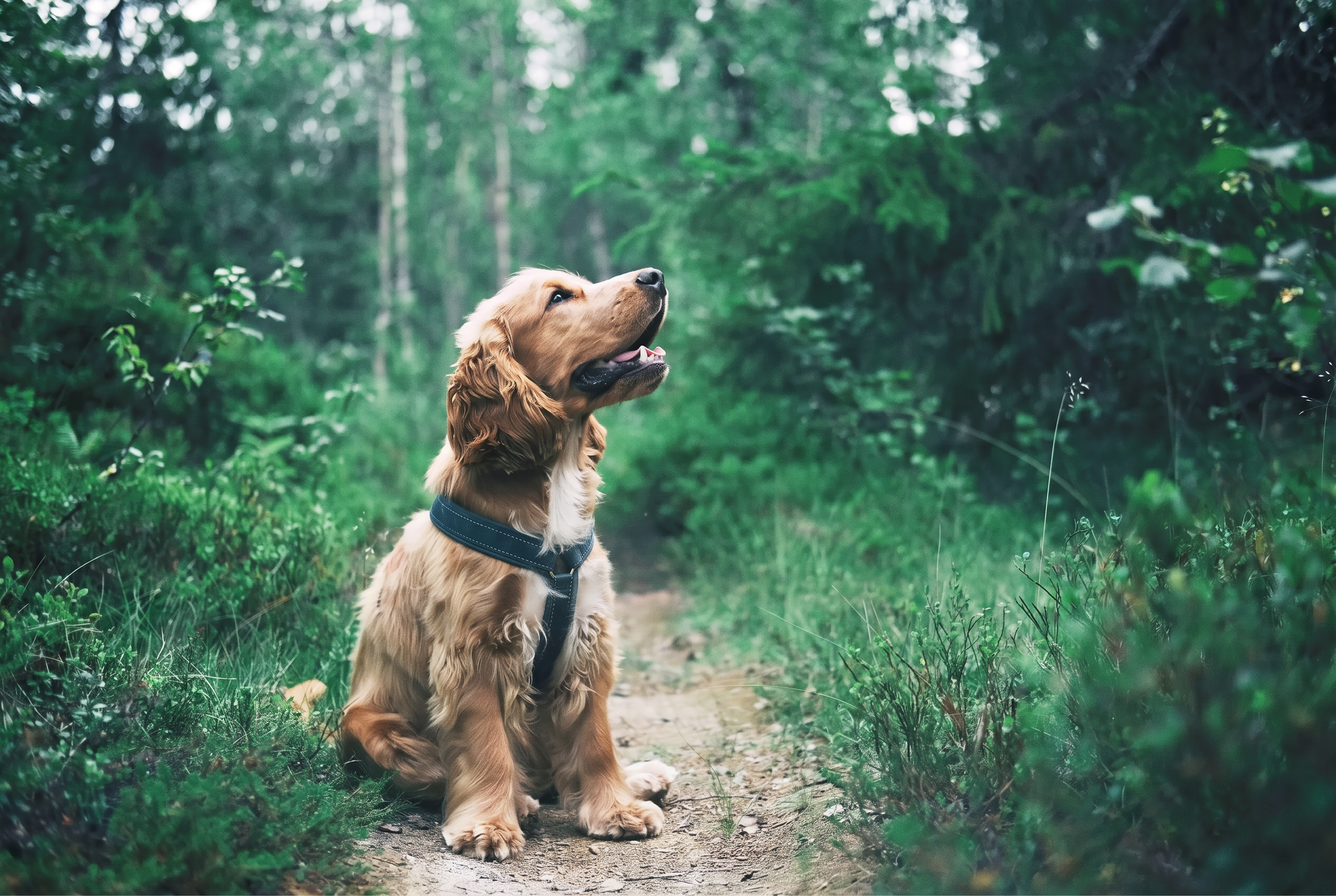Happy dog waiting on a woodland walk